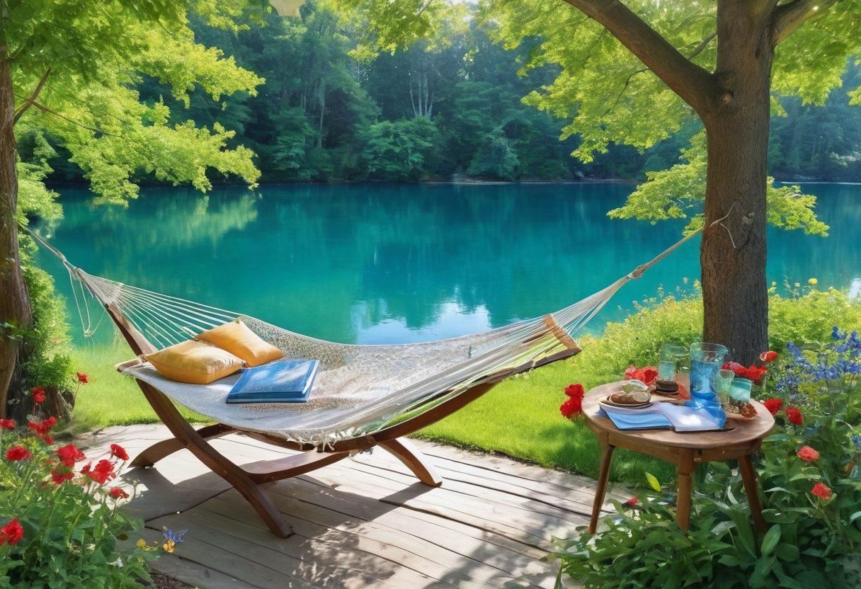 A serene outdoor setting featuring a cozy hammock strung between two lush trees, surrounded by vibrant summer flowers and a sparkling blue lake in the background. Soft sunlight filters through the leaves, creating dappled shadows on the grass, while a refreshing drink sits on a small table nearby. Add a stack of colorful books and a journal, inviting relaxation and inspiration. watercolor painting. vibrant colors. peaceful atmosphere.