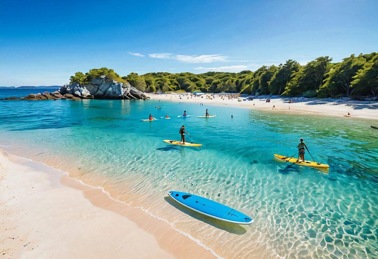 A serene beach scene with gentle waves lapping at the shore, a variety of aquatic activities like paddle boarding and kayaking, vibrant marine life swimming in crystal clear water, a bright sun shining in a clear blue sky, and people enjoying their time by the water. super-realistic. vibrant colors. beach vibes.