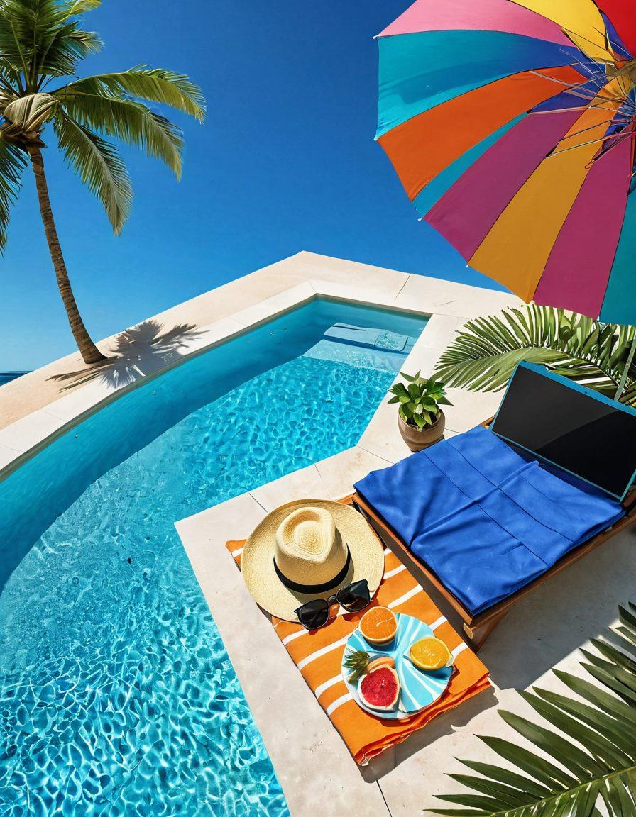 A sun-soaked poolside scene featuring colorful beach towels, a refreshing tropical drink with a paper umbrella, a laptop open with a blog interface, oversized sunglasses, and a summer hat. Lush greenery surrounds the area, with a bright blue sky above. The atmosphere is vibrant and inviting, suggesting relaxation and creativity. super-realistic. vibrant colors. 3D.